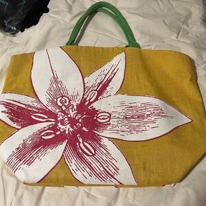 Floral Yellow Tote Bag with Green Handles